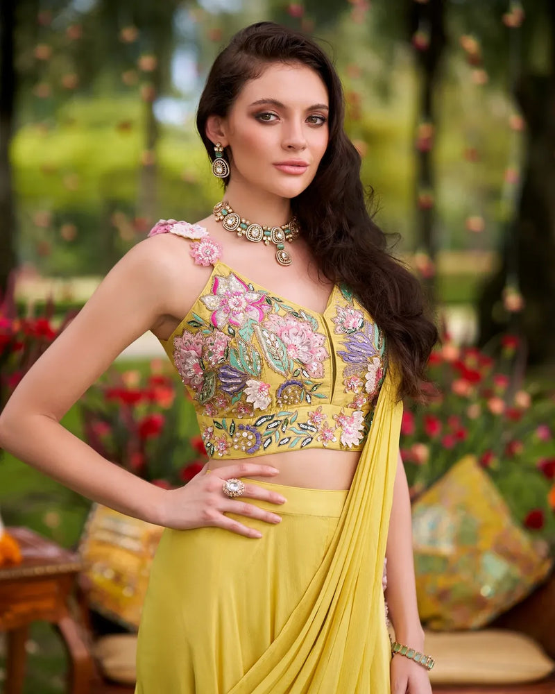 Yellow Embroidered Pre-Draped Palazzo Saree