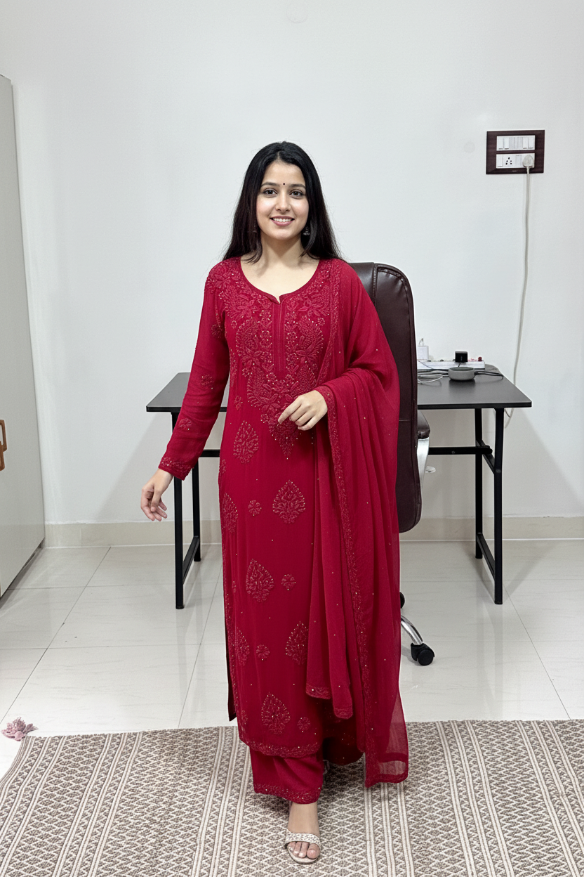 Royal Azure Three Piece Pure Viscose Georgette Suit Set
