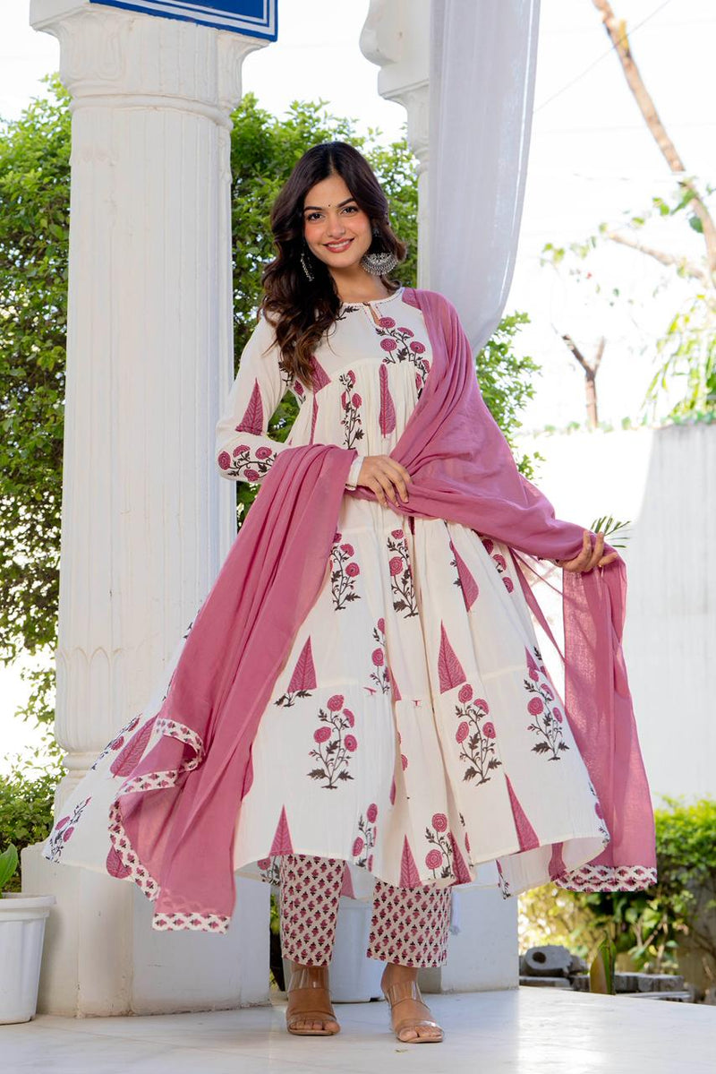 Pink Buta Tiered Cotton Anarkali Set