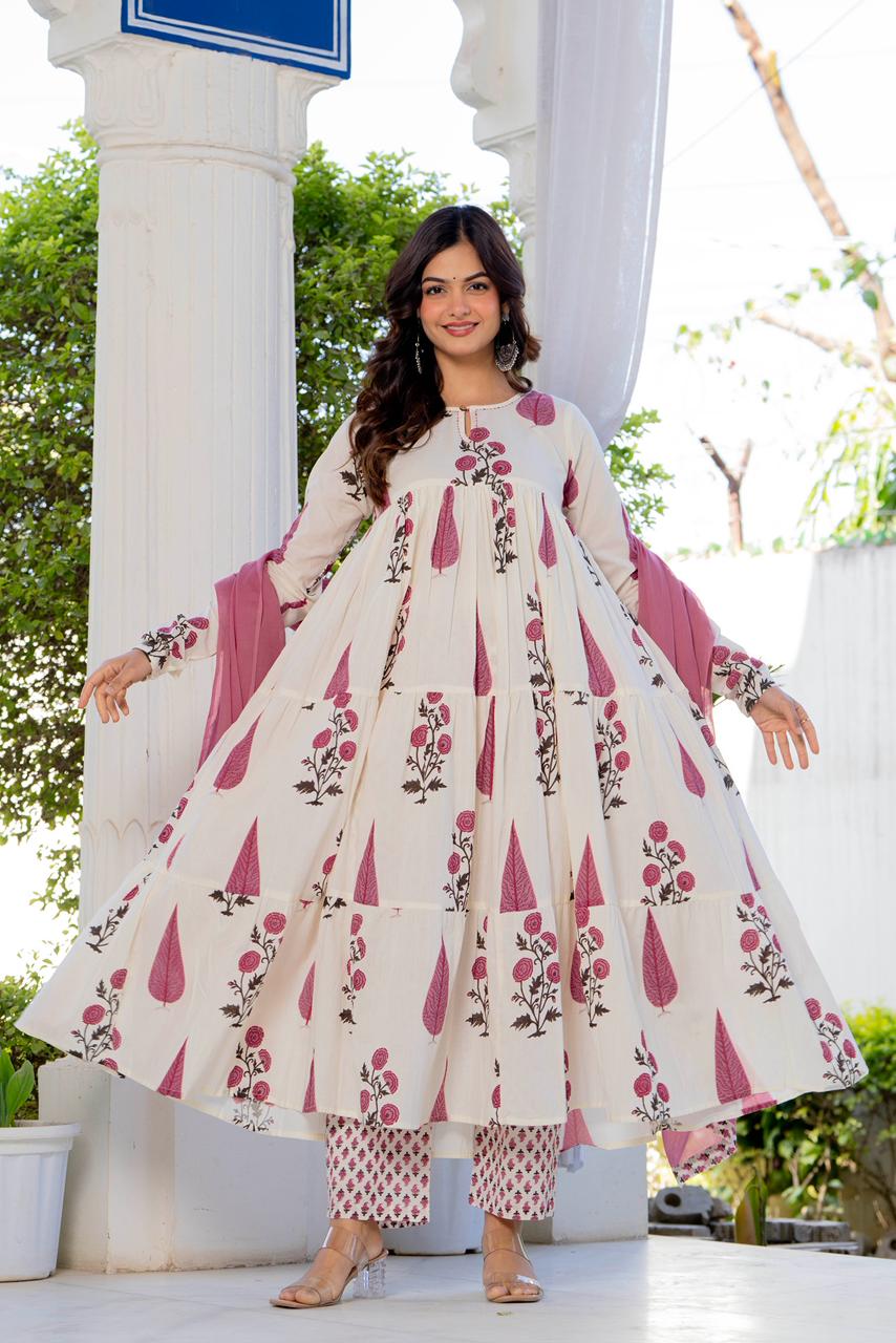 Pink Buta Tiered Cotton Anarkali Set