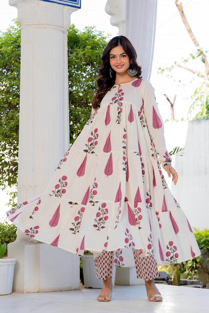 Pink Buta Tiered Cotton Anarkali Set