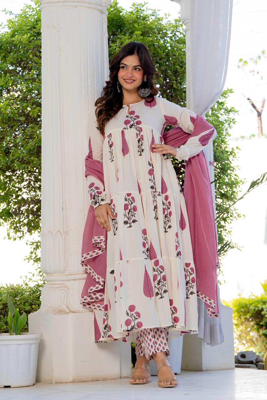 Pink Buta Tiered Cotton Anarkali Set