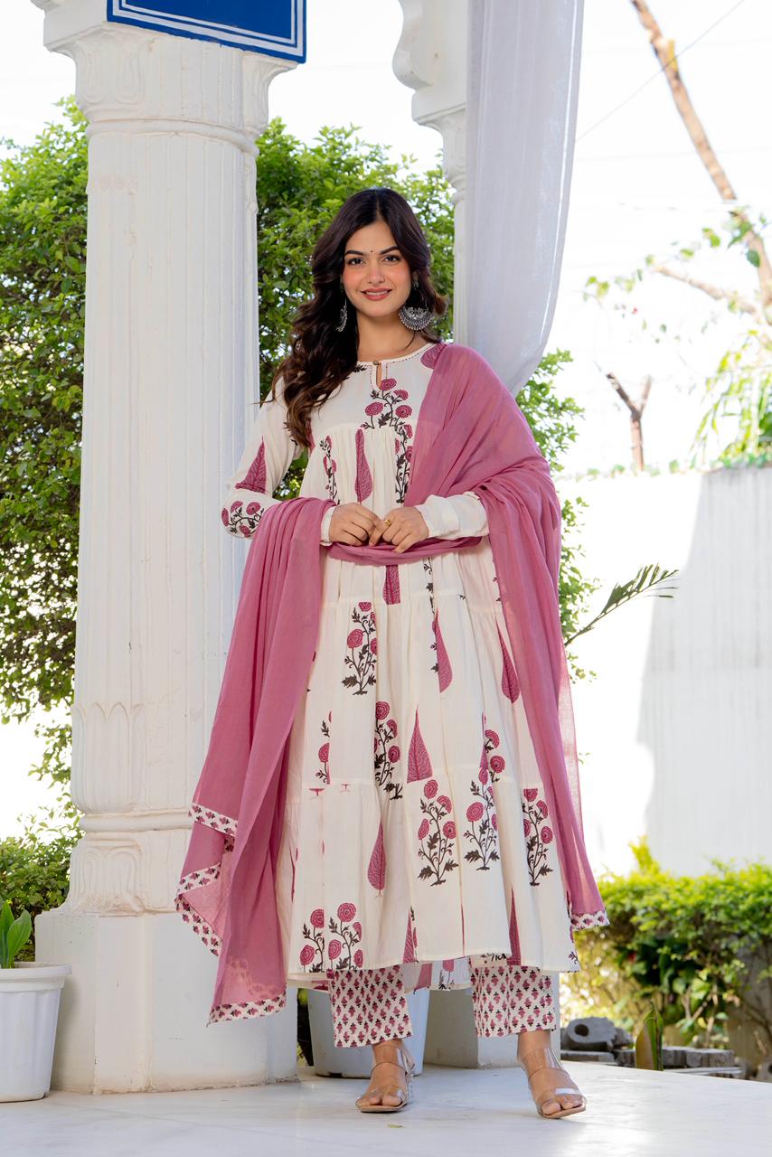 Pink Buta Tiered Cotton Anarkali Set