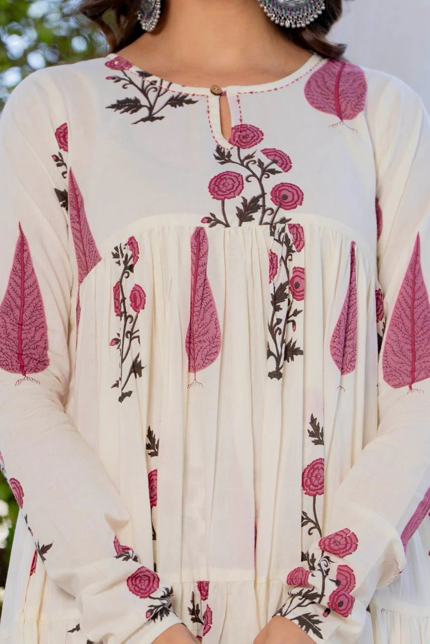 Pink Buta Tiered Cotton Anarkali Set
