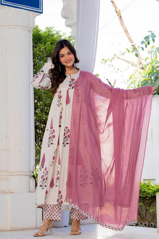 Pink Buta Tiered Cotton Anarkali Set