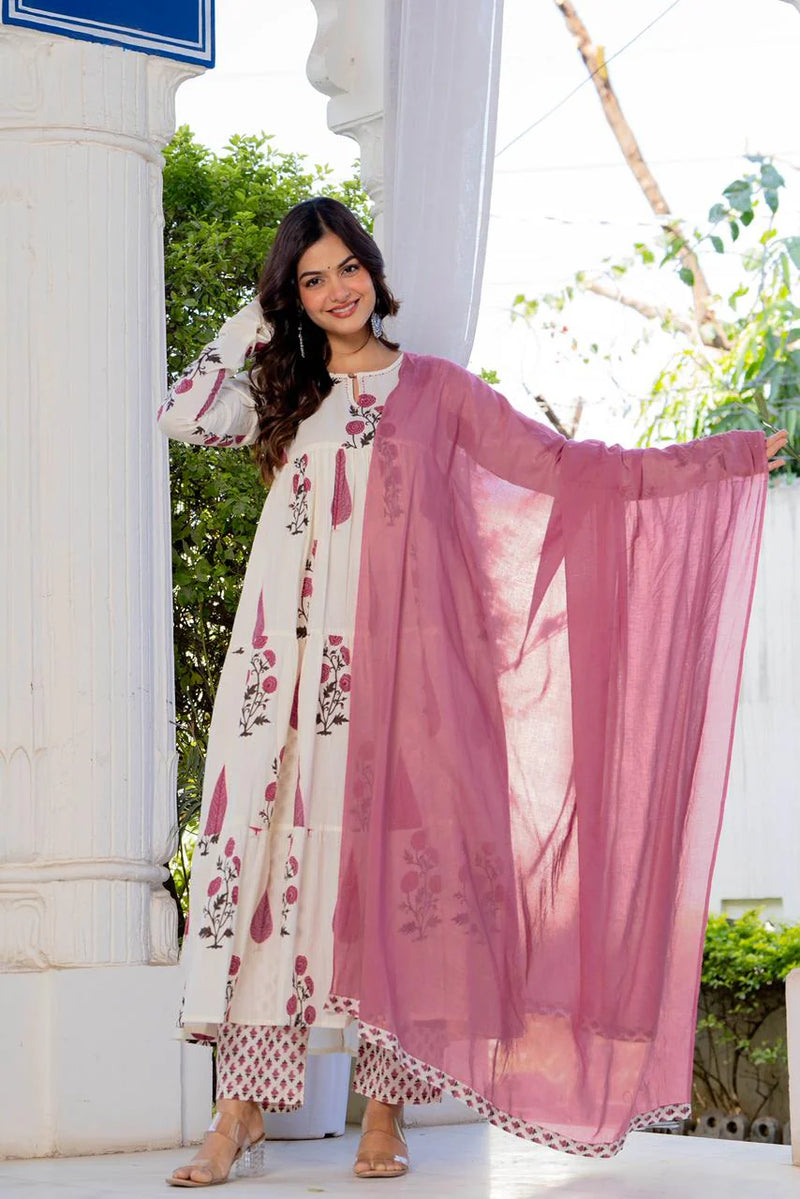 Pink Buta Tiered Cotton Anarkali Set