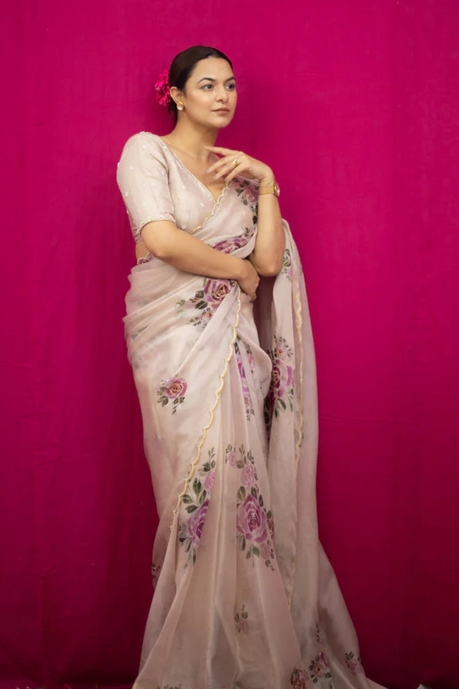 Tara Beige Organza Silk Saree