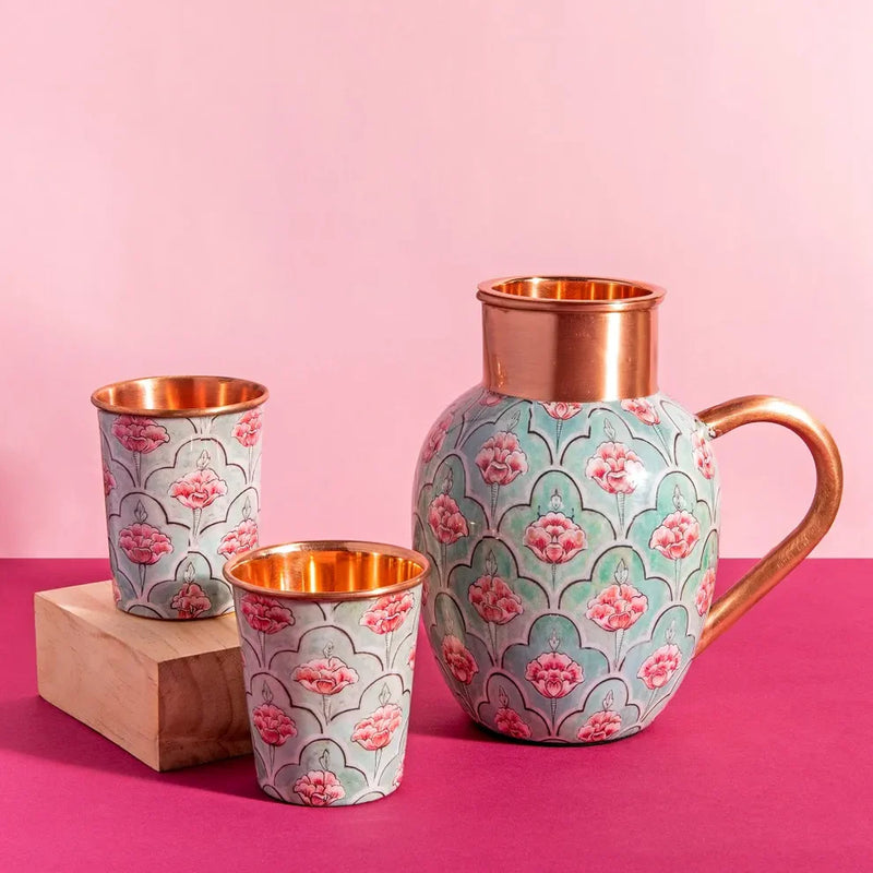 Blushing Floral Bloom Pure Copper Jug with glass