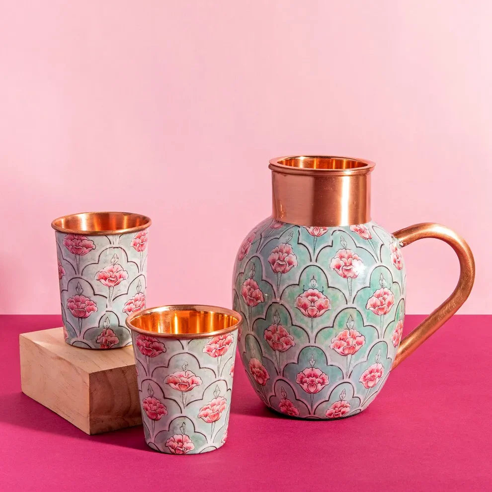 Blushing Floral Bloom Pure Copper Jug with glass