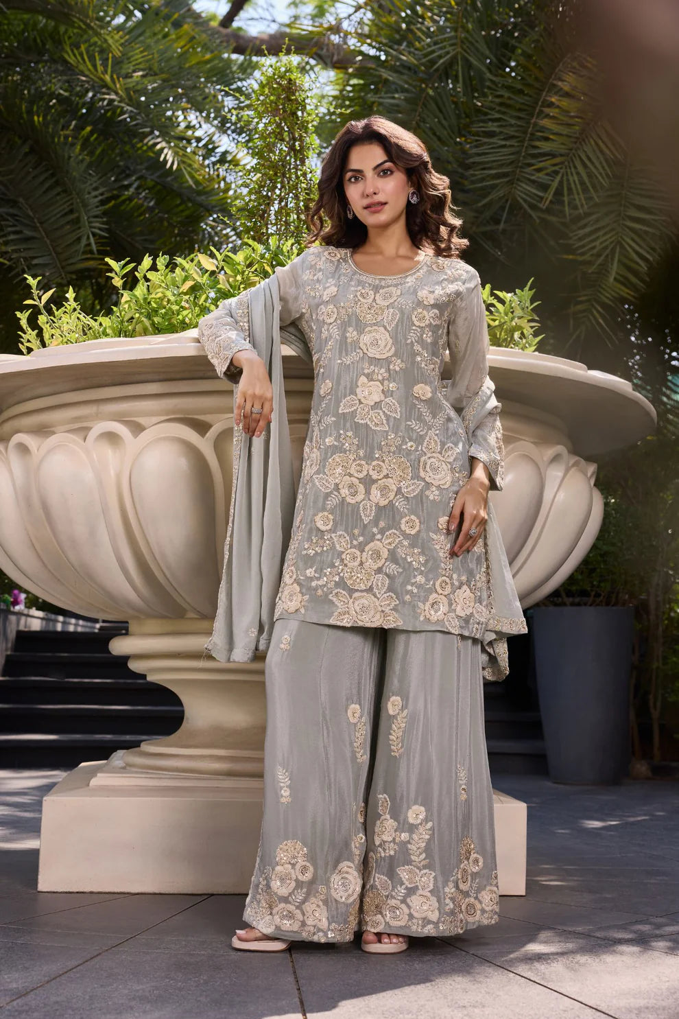 Moonstone Bloom Thread Work Sharara Set