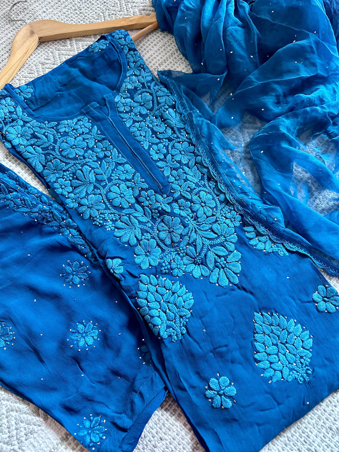 Royal Azure Three Piece Pure Viscose Georgette Suit Set