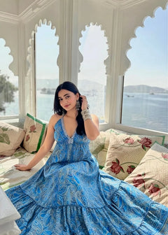 Blue Mirage Paisley Backless Maxi Dress