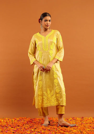 Tissue Silk Yellow Chikankari Long Kurta