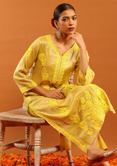 Tissue Silk Yellow Chikankari Long Kurta