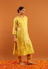Tissue Silk Yellow Chikankari Long Kurta