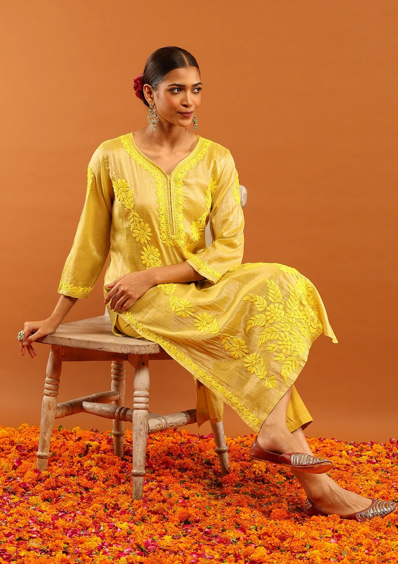 Tissue Silk Yellow Chikankari Long Kurta