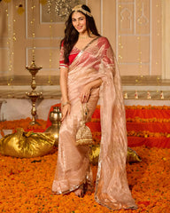 Tissue Satin Red Solid Saree with Blouse