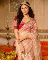 Tissue Satin Red Solid Saree with Blouse