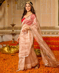 Tissue Satin Red Solid Saree with Blouse