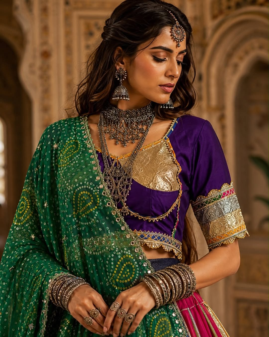 Rangmayuri Multicolor Navratri Lehenga Set with Green Bandhej Dupatta