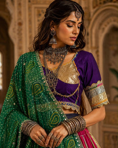 Rangmayuri Multicolor Navratri Lehenga Set with Green Bandhej Dupatta