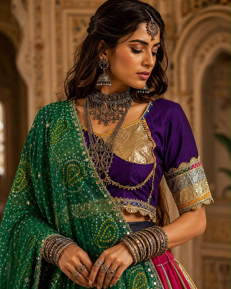 Rangmayuri Multicolor Navratri Lehenga Set with Green Bandhej Dupatta