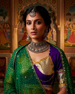 Rangmayuri Multicolor Navratri Lehenga Set with Green Bandhej Dupatta