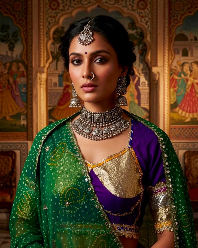 Rangmayuri Multicolor Navratri Lehenga Set with Green Bandhej Dupatta