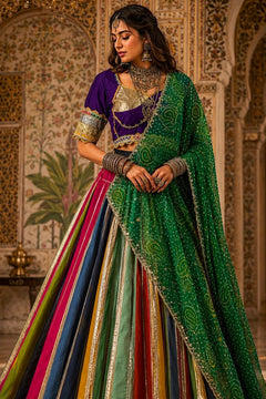 Rangmayuri Multicolor Navratri Lehenga Set with Green Bandhej Dupatta