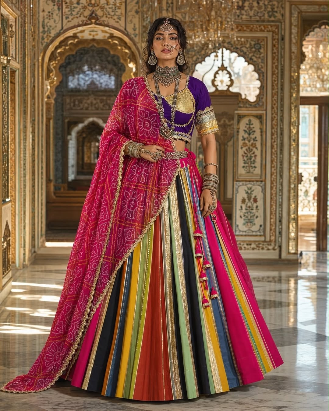 Rangmayuri Multicolor Navratri Lehenga Set with Green Bandhej Dupatta