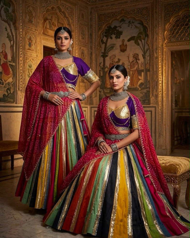 Rangmayuri Multicolor Navratri Lehenga Set with Green Bandhej Dupatta