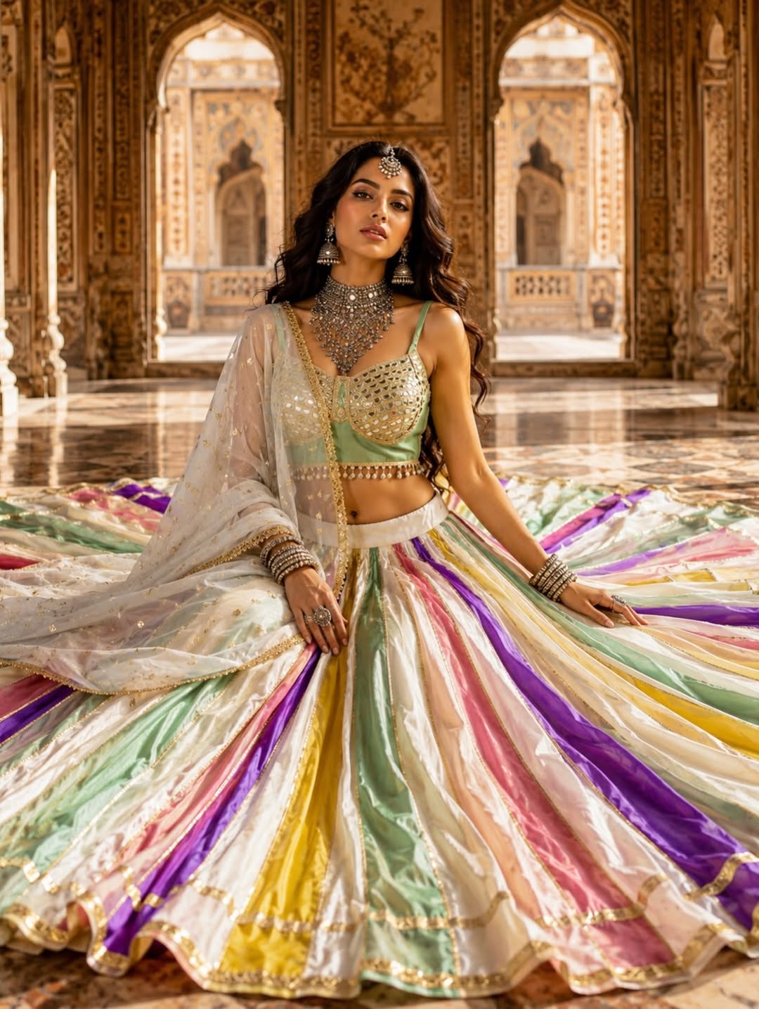 Royal Pastel Multicolor Navratri Lehenga Set with Mirror Work Blouse