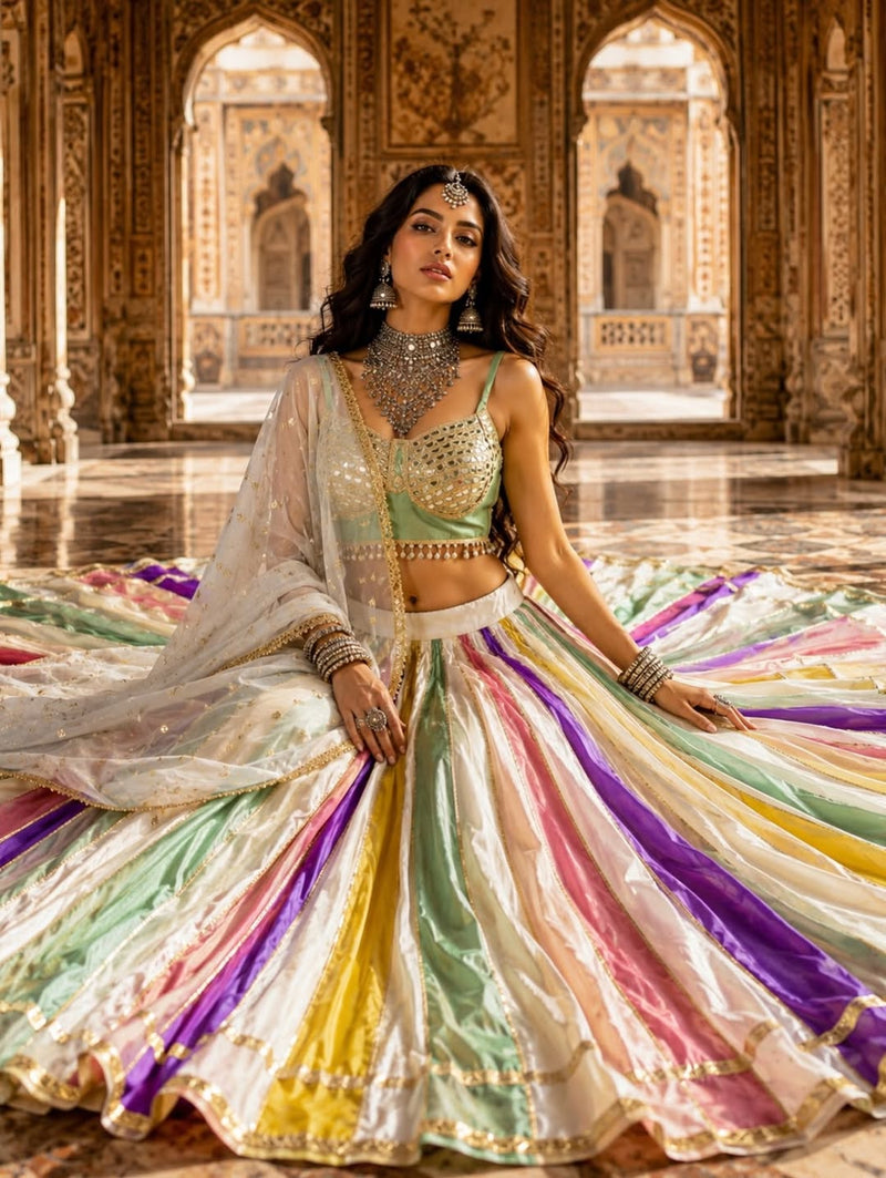 Royal Pastel Multicolor Navratri Lehenga Set with Mirror Work Blouse