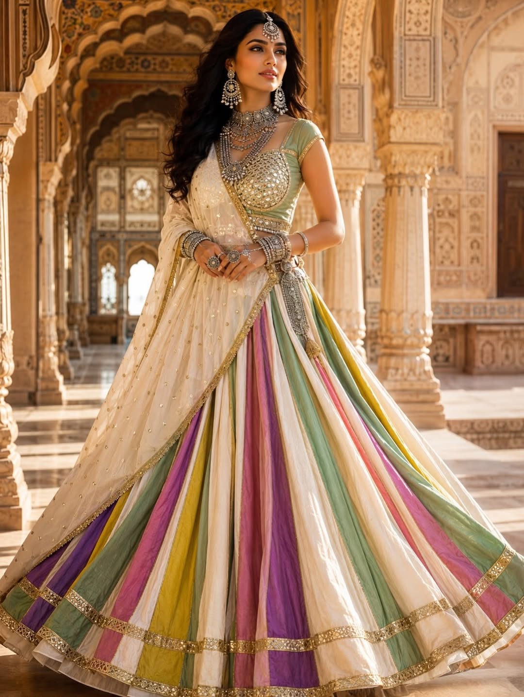 Royal Pastel Multicolor Navratri Lehenga Set with Mirror Work Blouse