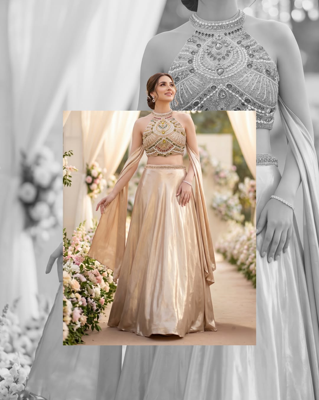 Champagne Beige Embellished Halter Lehenga Set with Cape Dupatta