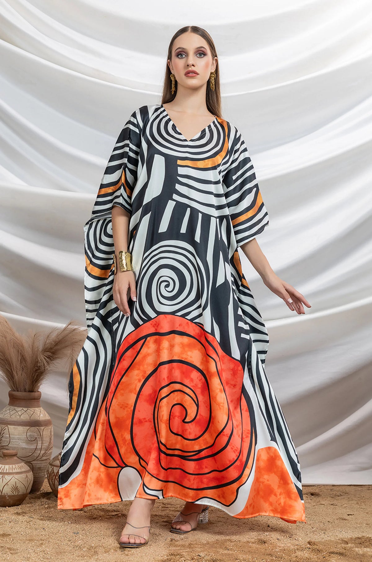 Monochrome Twist Satin Resort Kaftan