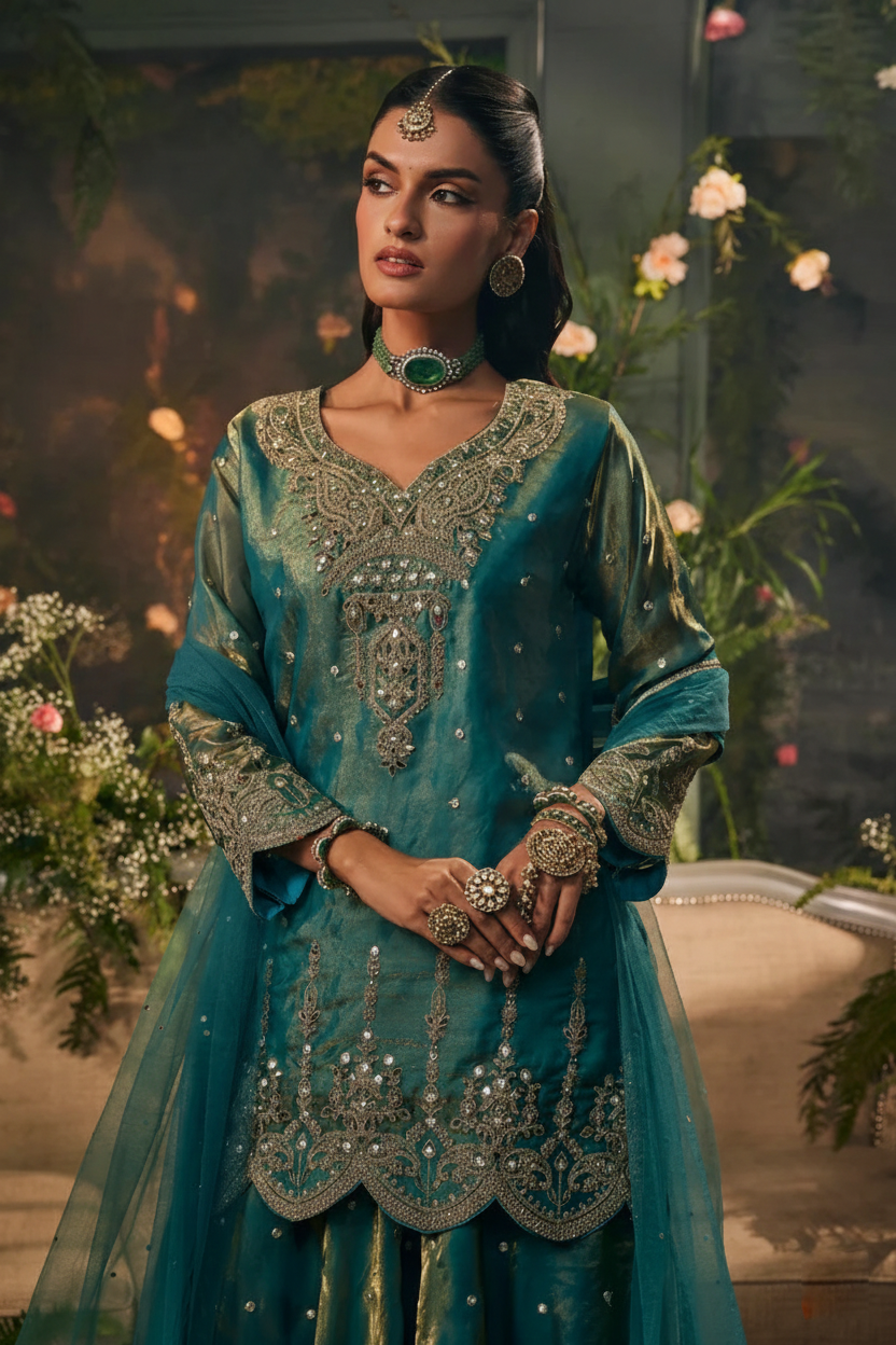 Adaah Teal Shimmer-Skirt Set
