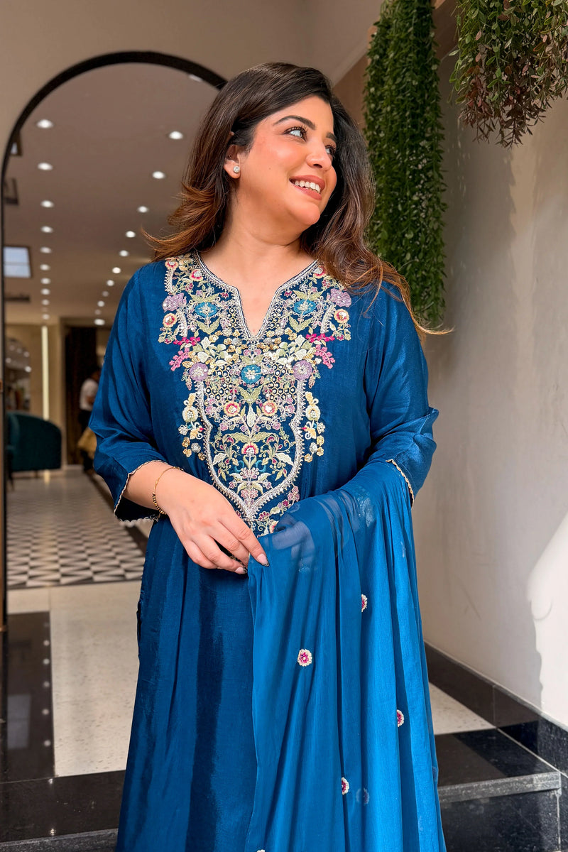 Farah Dola Silk Embroidered Suit Set