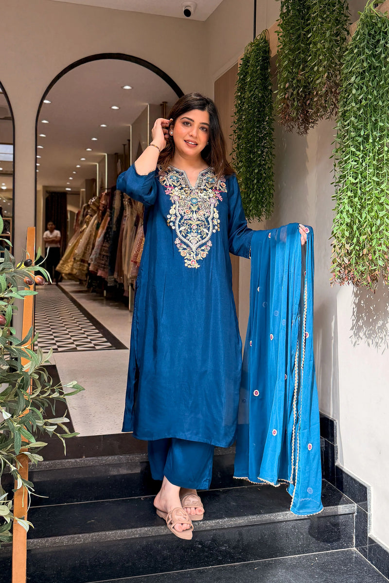 Farah Dola Silk Embroidered Suit Set