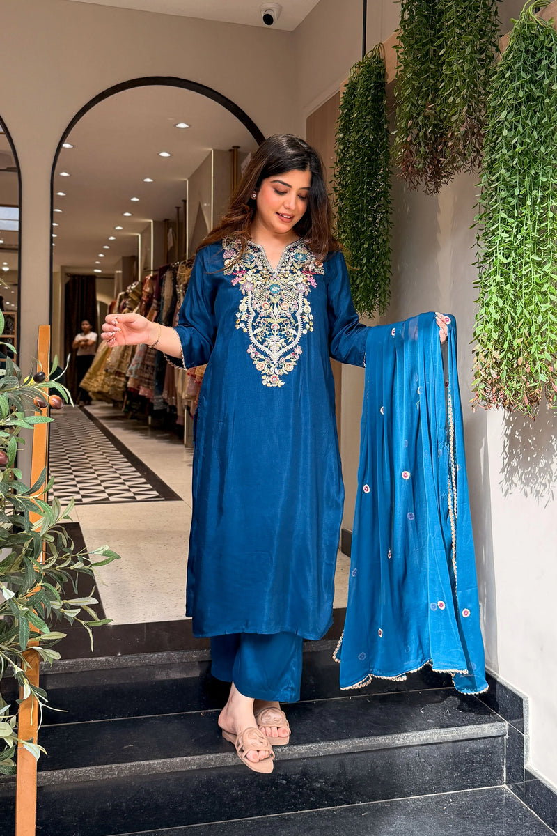 Farah Dola Silk Embroidered Suit Set