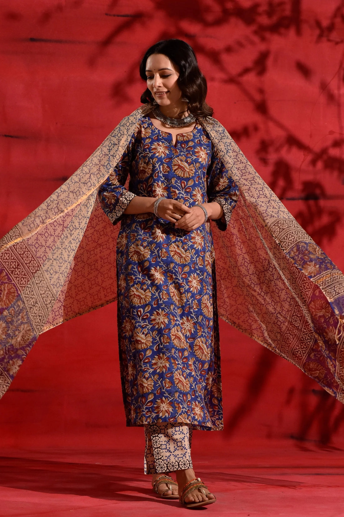 Blue Red Kalamkari Cotton Suit Set