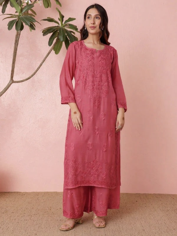 Premium Muslin Coral Pink Chikankari Kurti Palazzo Set