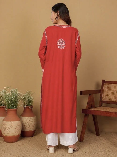 Rayon Long Chikankari Straight Kurti