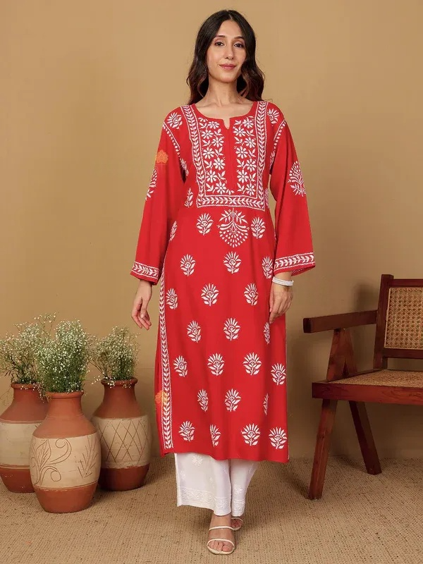 Rayon Long Chikankari Straight Kurti