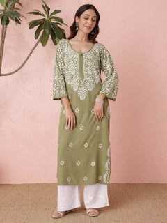 Premium Rayon White Chikankari Straight Kurti