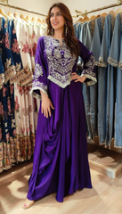 Santoon Silk Purple Embroidered Drape Skirt Set