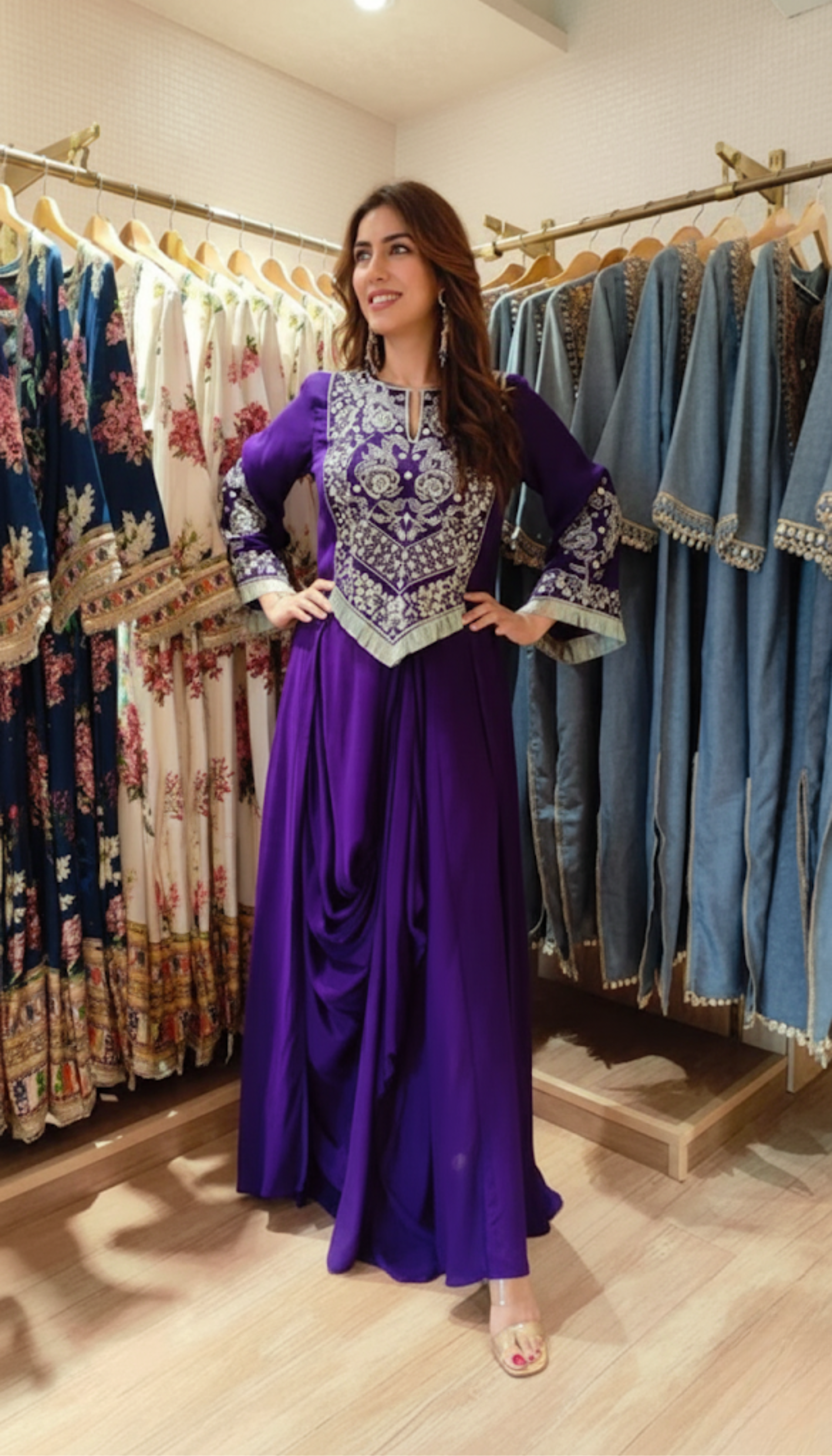 Santoon Silk Purple Embroidered Drape Skirt Set
