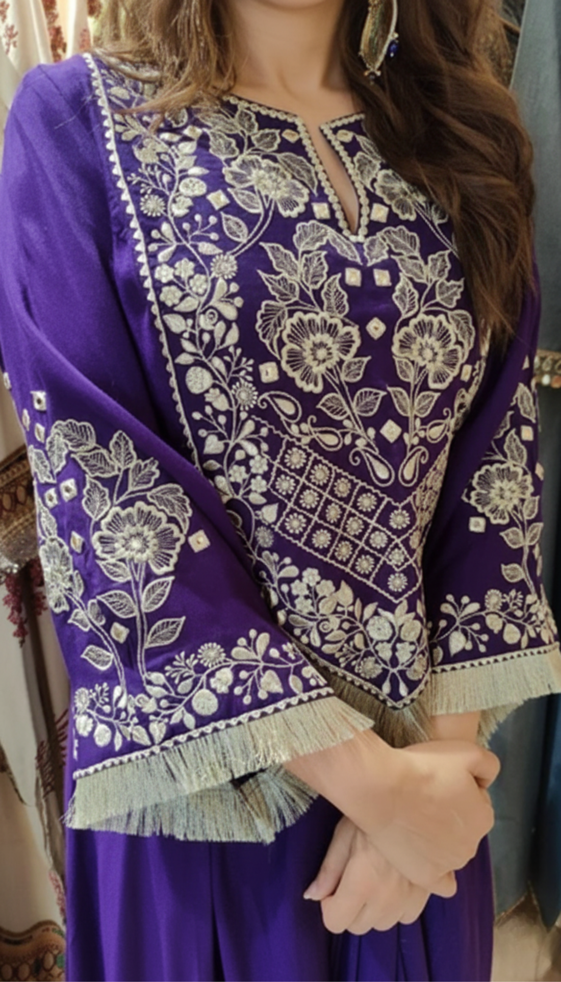Santoon Silk Purple Embroidered Drape Skirt Set