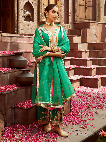 Chanderi Green Kurta with Pants Gota Embellished