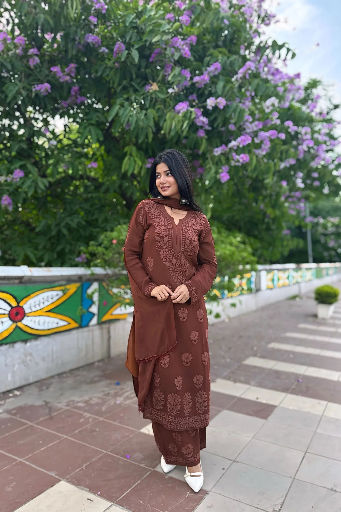Mocha Blossom Viscose Georgette Straight Chikankari  Kurta Set